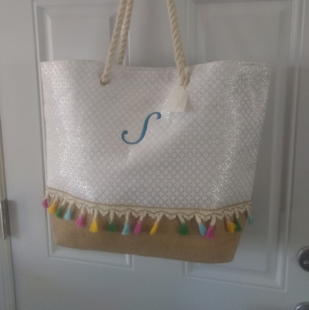 Personalized Extra Large Woven Straw Tote Bag - Color Frange Letter S